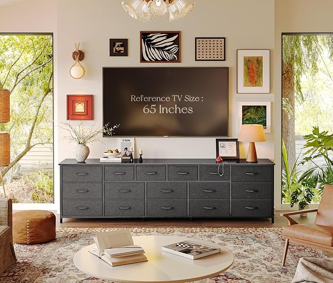 Huuger 77.6" Long Dresser for Bedroom, 16 Drawer Fabric Dresser for Closet, Wide Chest of Drawers with Storage, TV Stand for 65, 75, 85 Inch TV, 77.6" W x 13" D x 26.4" H, Black