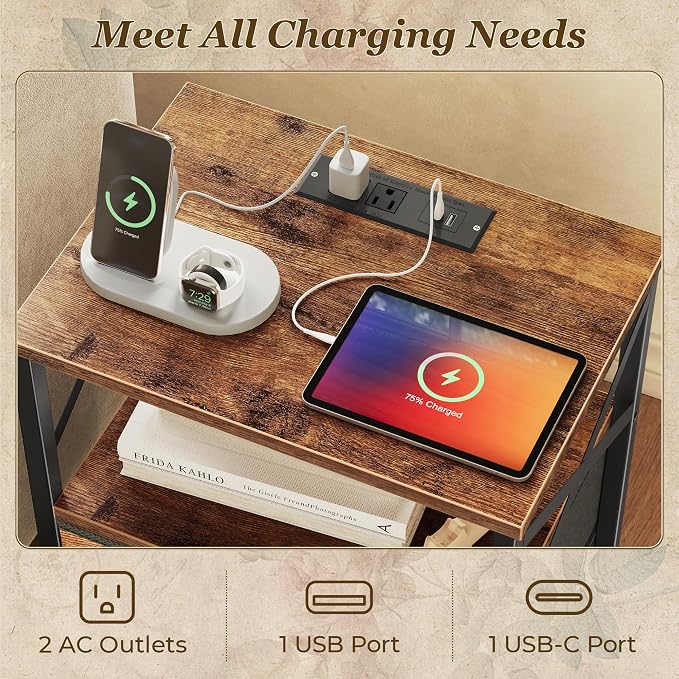 Huuger Nightstand Set of 2 with Charging Station, USB-C Port, End Tables | Night Stand with 2 Drawer Side Table with Open Shelf, Bedside Table for Small Spaces, X Shaped Side Rail, Rustic Brown