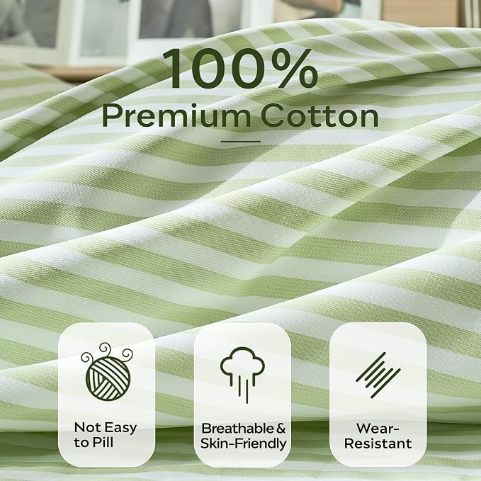 JELLYMONI 100% Cotton Printed Striped Queen Duvet Cover Set, Sage Green | Breathable and Soft, Classic Stripes, 8 Corner Ties & Double-Head Hidden Zipper, For Master or Guest Bedroom