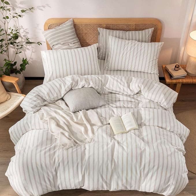 BESTOUCH Striped Cotton Duvet Cover Set Linen Feel Oversized Full | 100% Washed Cotton, Soft Wrinkle Texture, Hidden Zipper, 8 Ties, Breathable Lightweight Durable Comfy, 3 Pcs No Insert
