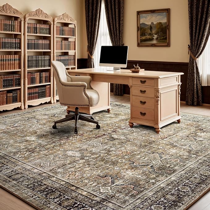 8x10 Area Rugs for Living Room, Non-Slip Washable Brown Large Carpet | Soft Area Rugs for Bedroom, Dining Room, Home Office Indoor Nursery, Stain Resistant, Low Pile, Vintage Distressed Rug
