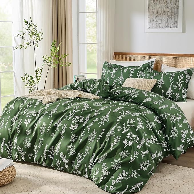 MUXHOMO Duvet Cover Queen Size, Reversible Floral Dark Green Duvet Cover Set with Zipper Closure, 3 Pieces Botanical Patterns Soft Microfiber Bedding Set with 4 Ties (90"x90", 2 Pillow Cases)