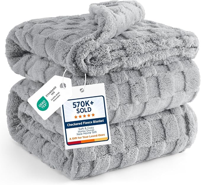 Bedsure Checkered Soft Cozy Fleece Full Blanket for Bed, Grey, 84"×90" | Couch/Sofa/Bed, Lightweight, Soft Cozy Cute, All Season, Gifts for Men, Home Decor
