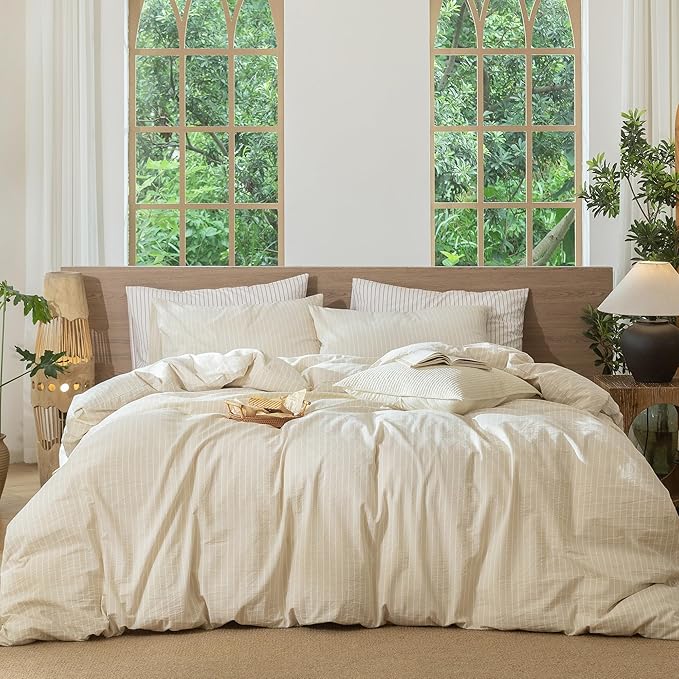 MooMee Striped Duvet Cover Set 100% Washed Cotton Linen Like King | Relaxed Linen-like Texture. Soft, Breathable & Long-lasting Comfort. Lightweight. Hidden Zipper with 8 Interior Corner Ties