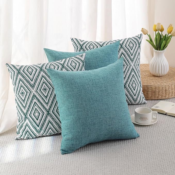HPUK Throw Pillow Covers 18x18, Set of 4, Aqua Blue Couch Pillow Covers | Polyester fabric, patterned and solid designs, hidden zippers, machine washable, for sofas and beds, inserts not included