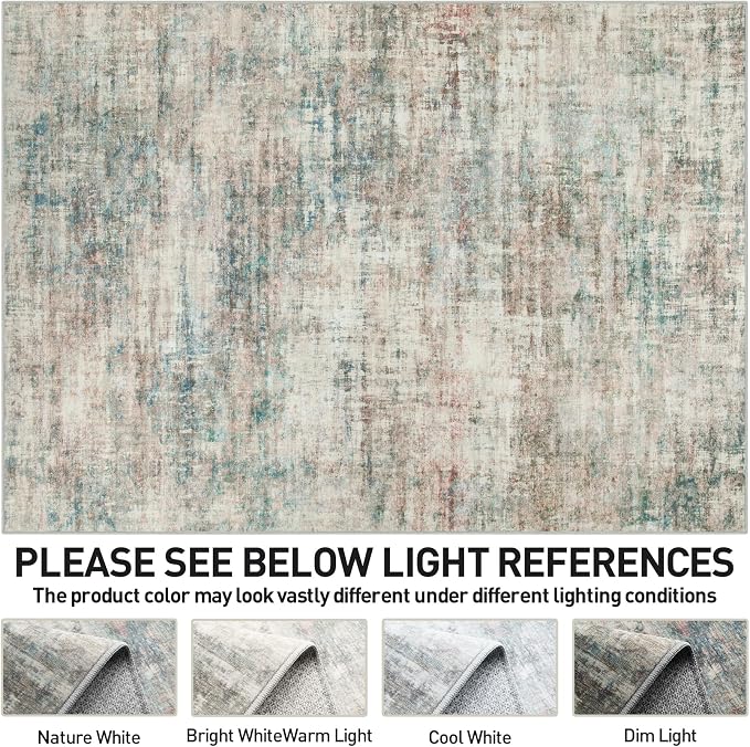 4x6 Area Rugs for Living Room: Washable Abstract Multi Color Badroom Carpet | Non-slip TPE backing makes this washable soft low-pile rug safe & durable, Pet-friendly decor for dining room,nursery,office