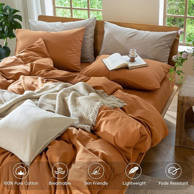 MooMee Duvet Cover Set 100% Washed Cotton Linen Like Super Queen | Relaxed Linen-like Texture. Soft, Breathable & Long-lasting Comfort. Lightweight. Hidden Zipper with 8 Interior Corner Ties
