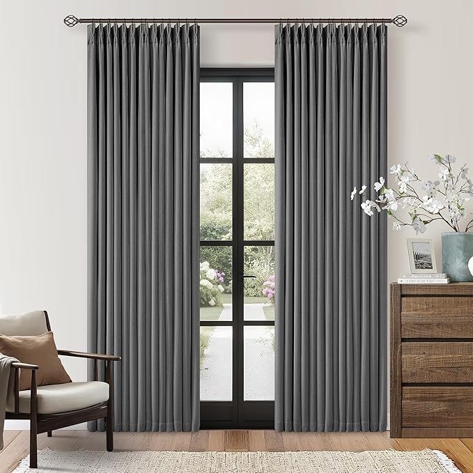 Dark Grey Pleated Thick Linen Blackout Curtains 84 Inches Long with Liner | 100% Black Out, Thermal Insulated, Pinch Pleat with Ring Hooks Back Tab, Room Darkening Drapes for Living Room, Charcoal Gray