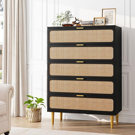 GarveeHome Rattan 5 Drawer Dressers for Bedroom, Deep Drawer, Black | Tall Dresser, Wide Top, for Living Room, Hallway, Kids Room, Large Chest of Drawers for Closet, Long Wooden Dresser