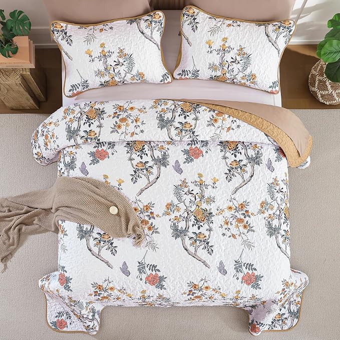WONGS BEDDING Floral Quilt Set Queen, 3 Pcs Brown Orange Bedspread Coverlet | Spring Summer Floral Farmhouse Bedspread with 2 Shams,Soft Microfiber Lightweight Coverlet for All Season 96"×90"