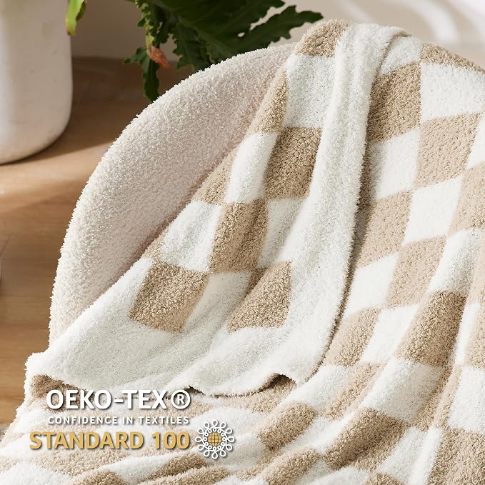 Bedsure GentleSoft Checkered Twin Blanket for Couch, Super Soft Cozy & Warm Knit Throw Blanket, Lightweight & Fluffy Plaid Blankets for Bedding, Sofa, Gifts for Women Men, Beige, 60x80 Inches