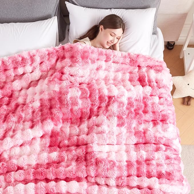 60x80 Inches Ultra-Soft Fuzzy Faux Fur Plush Twin Size Blanket - Thick, Warm Sherpa for Couch, Sofa, Bedroom, Camping - Decorative Blanket for Cozy Warmth, Bubble Pink Tie Dye