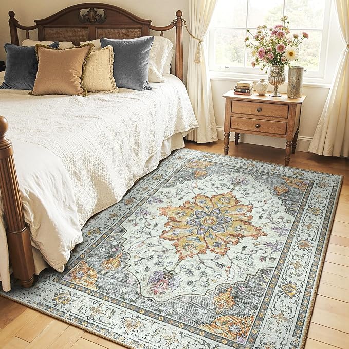 RELEANY Washable Area Rug, 6'x9', Beige/Carbon Grey/Orange | Non-Slip, Water Repellent, Pet Friendly, Easy to Clean, Vintage Floral Boho Decor for Living Room Bedroom Dining Room Office