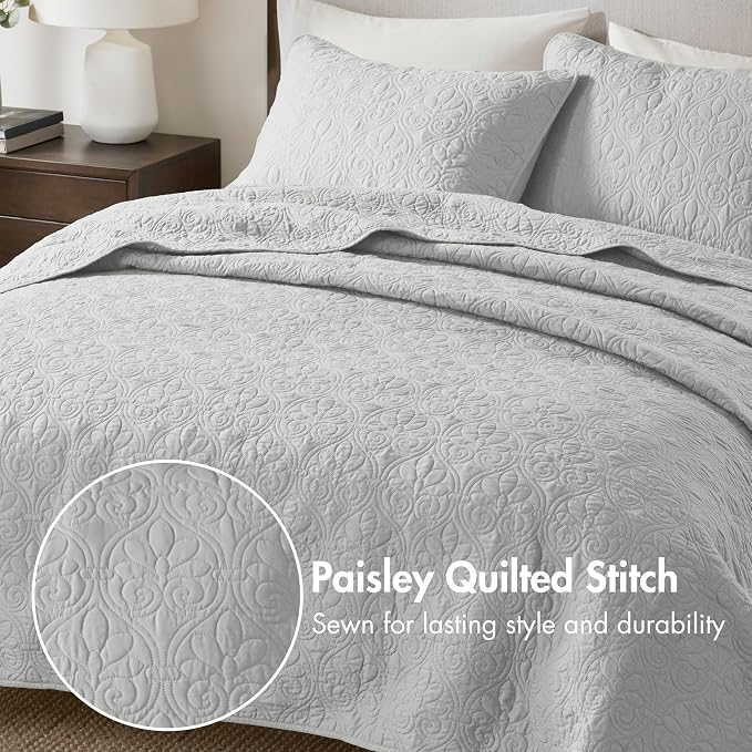 Madison Park Luxurious Cotton Damask Quilt Set, 2PC Twin/Twin XL Bed Set | All Season, Lightweight Stitching Coverlet Bedspread Bedding Stitching with Shams, Grey