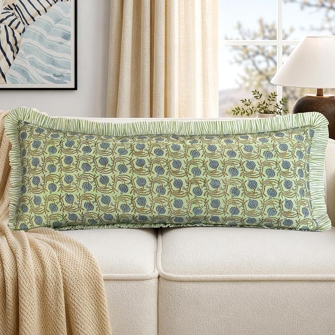 Ridhi Block Print Apple Green Ruffle Lumbar Pillow Shams, 36" x 14" Set-1 | 100% cotton, Floral Pillowcase, Cushion Cover, Hidden Zipper, Cottagecore Bedding, farmhouse boho style, fits couch, sofa,Bed