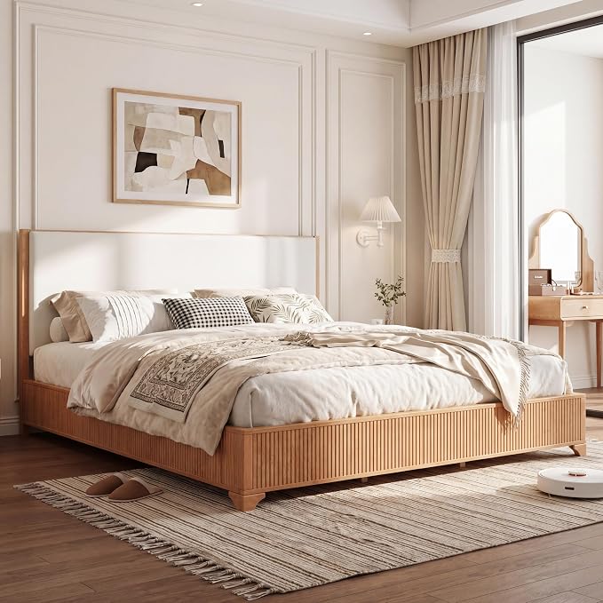 Christopher Knight Home Jill Modern King Bed Frame and Headboard, Bed Frame King with Upholstered Headboard, Wooden King Platform Bed Frame with Slat Supports, No Box Spring Needed, Natural+White