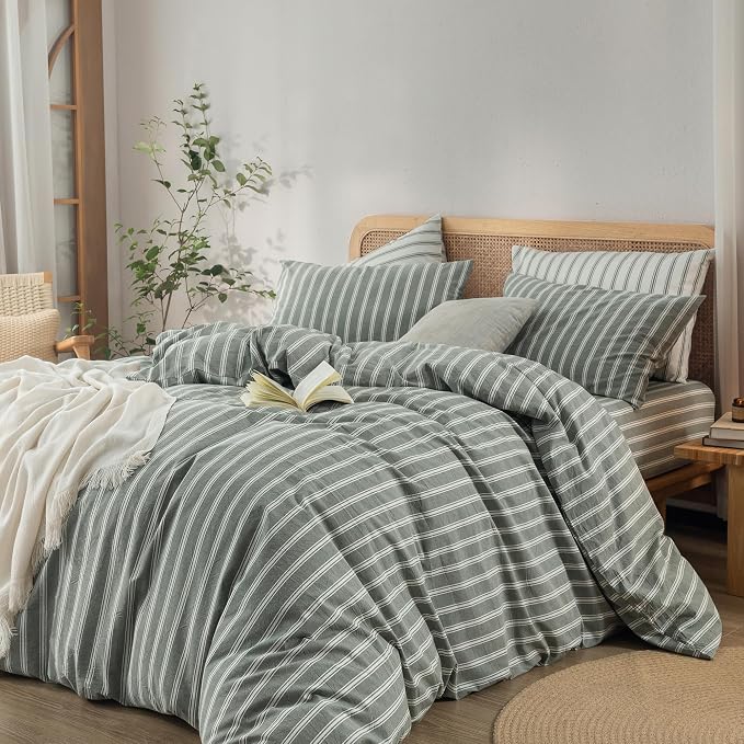 BESTOUCH Striped Cotton Duvet Cover Set Linen Feel Oversized King | 100% Washed Cotton, Soft Wrinkle Texture, Hidden Zipper, 8 Ties, Breathable Lightweight Durable Comfy, 3 Pcs No Insert
