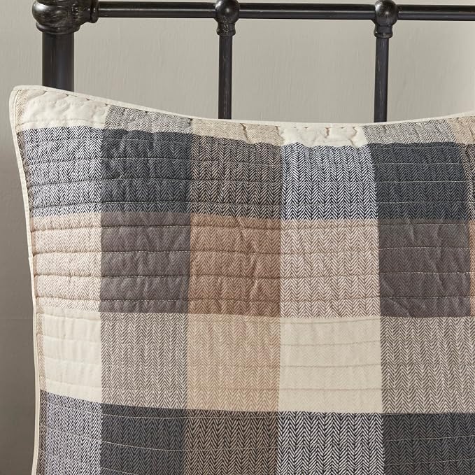 Madison Park Cabin Lifestyle Plaid Quilt Set, 6PC Full/Queen Coverlet | All Season, Luxurious Coverlet Bedspread Lightweight Bedding Layer, Shams, Decorative Pillow, Neutral