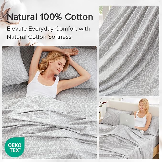 Comfort Spaces 100% Cotton Percale Sheets King Size 4 Pcs, Diamond Grey | Crisp, Cool & Breathable Bed Sheets, 14" Deep Pocket Fits Up to 16" Mattress, Lightweight, All Season Cozy, with Pillow Case