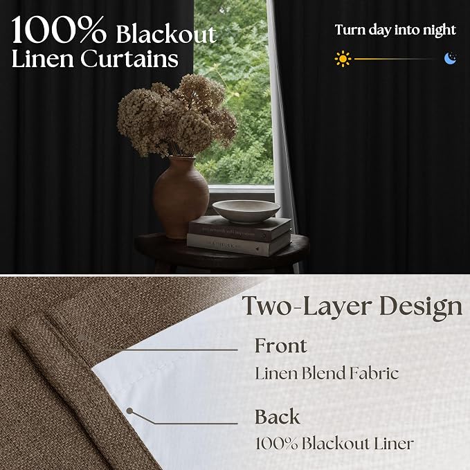Dutch Cocoa 108 Inch Pinch Pleated Blackout Linen Curtains for Living Room | Double Layer Window Curtain, Memory Trained Shaped, Soundproof Room Darkening, for Living Room, Pinch Pleat Drapes with Hooks