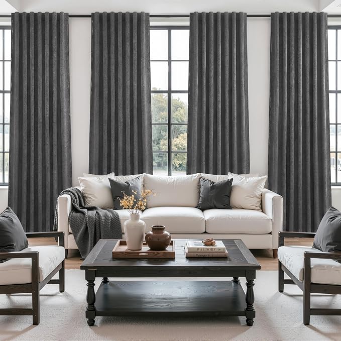 Dark Gray 100% Black Out Linen Curtains 90 Inches Long 2 Panels Set for Kids Boys Room, Country Farmhouse Pleated Ceiling Track Curtain Window Drapes Heavy Thermal for Nursery Charcoal Grey(50"Wx90"L)
