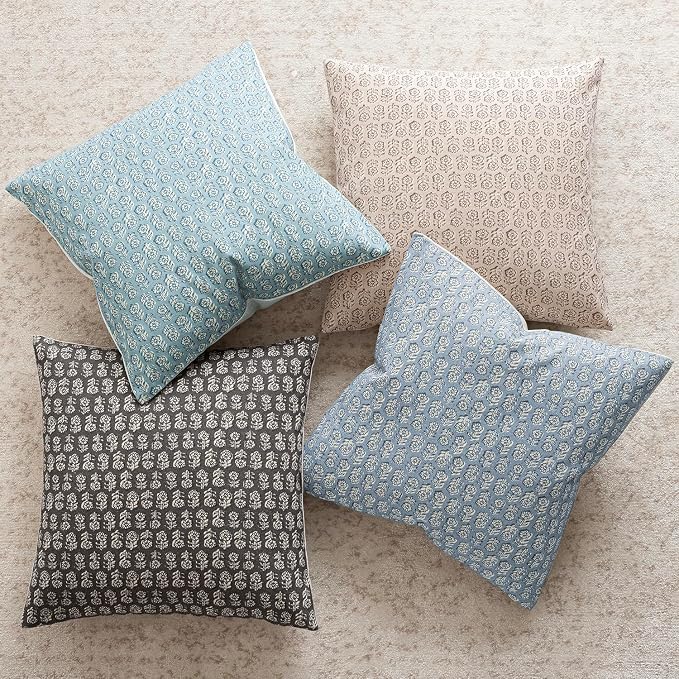 Foindtower Set of 2 Decorative Vintage Floral Print Throw Pillow Covers Neutral Accent Farmhouse Cushion Covers Boho Home Decor for Sofa Couch Chair Bedroom Living Room Outdoor,20×20 Inch,Sky Blue