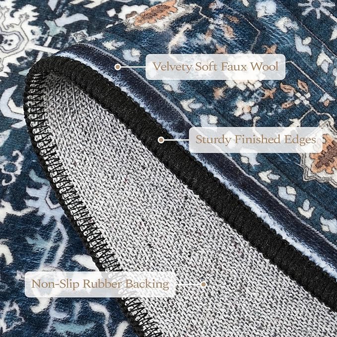 Rugflix 2x3 Entrance Rugs, Washable Navy Blue Entry Small Rug | Machine Washable; Stain-Resistant; Low Pile; Non-Slip; Vintage Printed; Carpet for Bedroom Dining Office Nursery Home