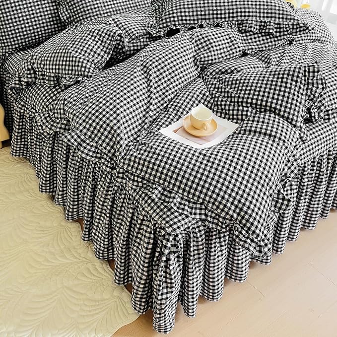 LifeTB Black Gingham Comforter Set King Ruffle Checkered Plaid Comforter Set 3 Pieces Boho Grid Bed Comforter with 2 Pillowcases Fluffy Soft Vintage Checkered Lightweight Gingham Bedding Set King