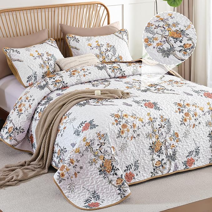 WONGS BEDDING Floral Quilt Set Queen, 3 Pcs Brown Orange Bedspread Coverlet | Spring Summer Floral Farmhouse Bedspread with 2 Shams,Soft Microfiber Lightweight Coverlet for All Season 96"×90"