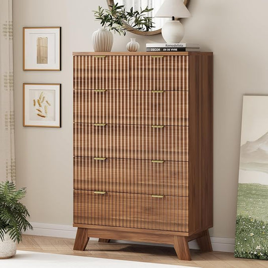 Xixini Fluted Dresser for Bedroom with 6 Drawers, 46" Tall Wooden Chest of Drawers with Metal Handle, Wood Dresser TV Stand, Modern Closet Clothes Storage Organizer for Living Room, Hallway, Walnut