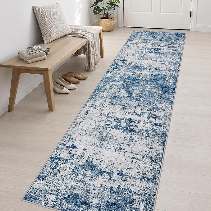 2.6x14 Washable Runner Rug:Modern Abstract Indoor Soft Carpet Blue | For Hallway, Bedroom, Kitchen, Laundry, Bathroom,Door Mat,Modern Abstract,Machine washable,Non-Slip,Stain Resistant,Indoor