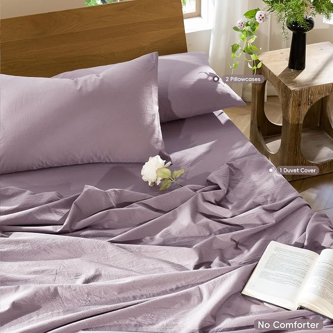 MooMee Duvet Cover Set 100% Washed Cotton Linen Like Oversized Queen | Relaxed Linen-like Texture. Soft, Breathable & Long-lasting Comfort. Lightweight. Hidden Zipper with 8 Interior Corner Ties