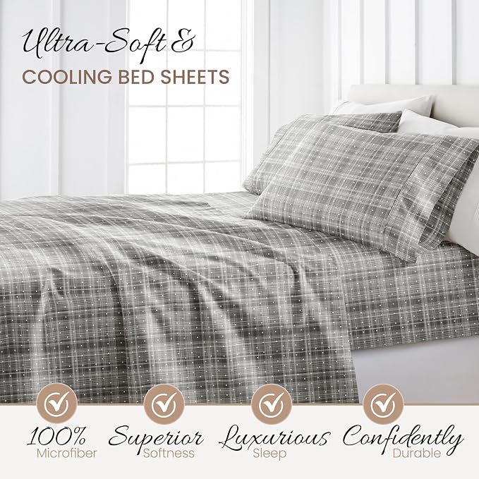 Linen Market Double-Brushed Patterned Microfiber Queen Sheet Set 4 Piece – Oeko-TEX Certified Ultra Soft & Wrinkle-Free - 16" Deep Pocket Sheets - Easy Care Queen Size - Polka Dot Gray