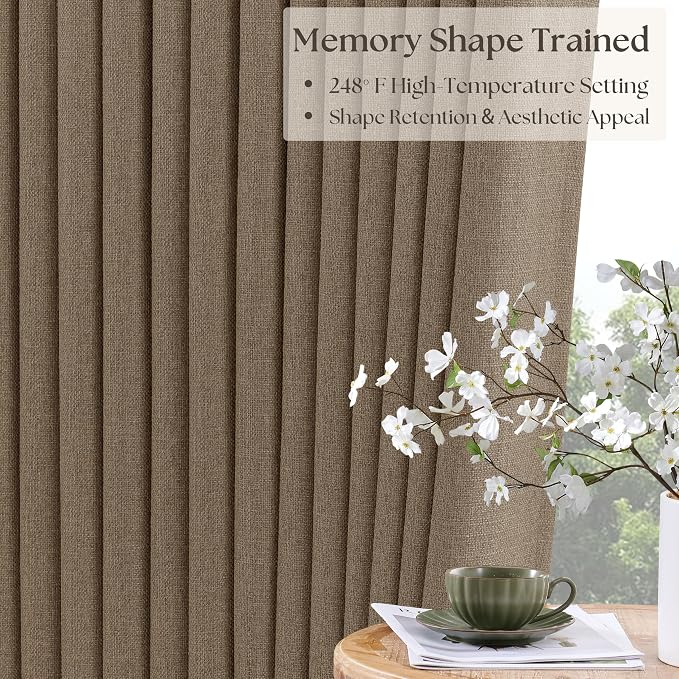 Latte 90 Inch Pinch Pleated Blackout Linen Curtains for Bedroom Living Room | Pinch Pleat Drapes, Black Out, Thermal Insulated, Room Darkening, with Rings Hooks, Light Brown Curtains with Liner 40x90
