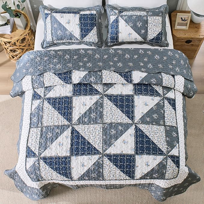 Full/Queen Size Quilt Set Grey Floral Patchwork Bedspreads Bedding Set | VIVILINEN 3-Piece Reversible Floral Coverlet Set Lightweight Comforter Queen Bed Sheet Set Cover Blanket with 2 Pillow Shams