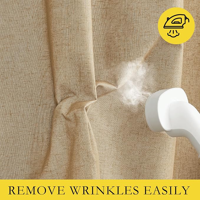 NICETOWN 100% Absolutely Blackout Linen Curtains with Thermal Insulated White Liner, Camel, W52 x L90, 2 Panels, Textured Linen Look Noise Reducing Window Treatments Drapes for Bedroom/Living Room