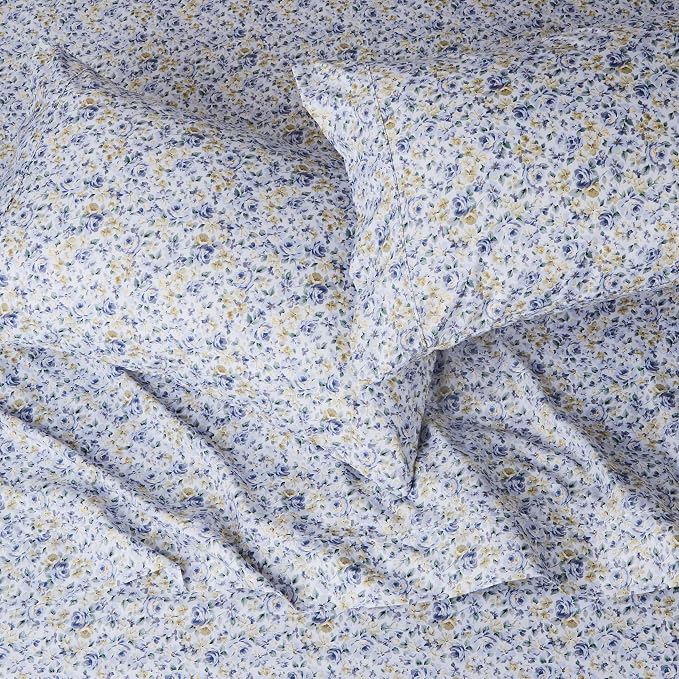 Amazon Basics Lightweight Breathable Super Soft Easy Care Microfiber 4-Piece Bed Sheet Set, Wrinkle Resistant with 14-Inch Deep Pockets, Queen, Blue Floral, Printed