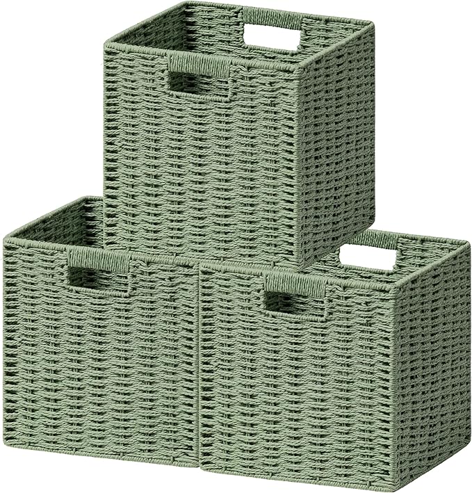 UBBCARE 3 Pack Wicker Basket, 11L×11H×10.5W inch Woven Paper Rope Storage Baskets for Shelves, Foldable Cube Storage bin with Handle, Storage Basket for Organizing & Decor, Green