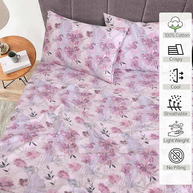 RUVANTI 100% Cotton Percale Sheets Full Size, Lilac Floral | Crisp Cooling, Deep Pocket 16", Soft Breathable & Durable, Hotel-Style, 4 Piece Set