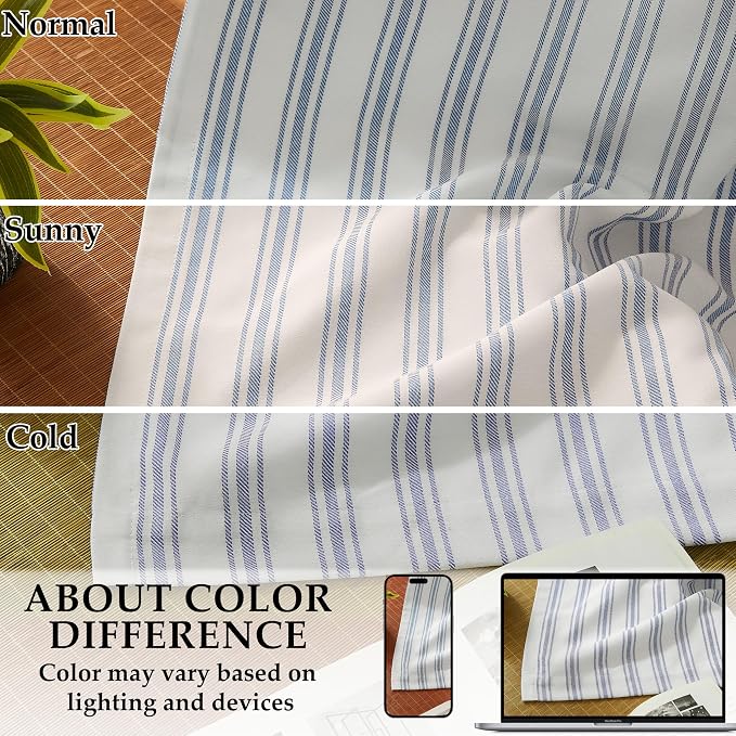 ZJDECOR 90 Inch Blue Striped Full Blackout Curtain Panels for Bedroom | Stripes on White Cotton Blend Light Filtering Fabric with White Liner,Back Tab Rod Pocket Window Treatment,55"Wx90"Lx2