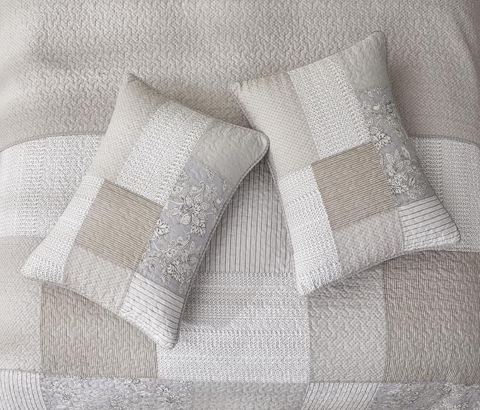 Chezmoi Collection Quinn 3-Piece Neutral Taupe Gray White Floral Hibiscus Flower Candy Stripe Patchwork Quilt Set - Pre-Washed Cotton Coverlet - Lightweight Reversible Bedspread, King Size