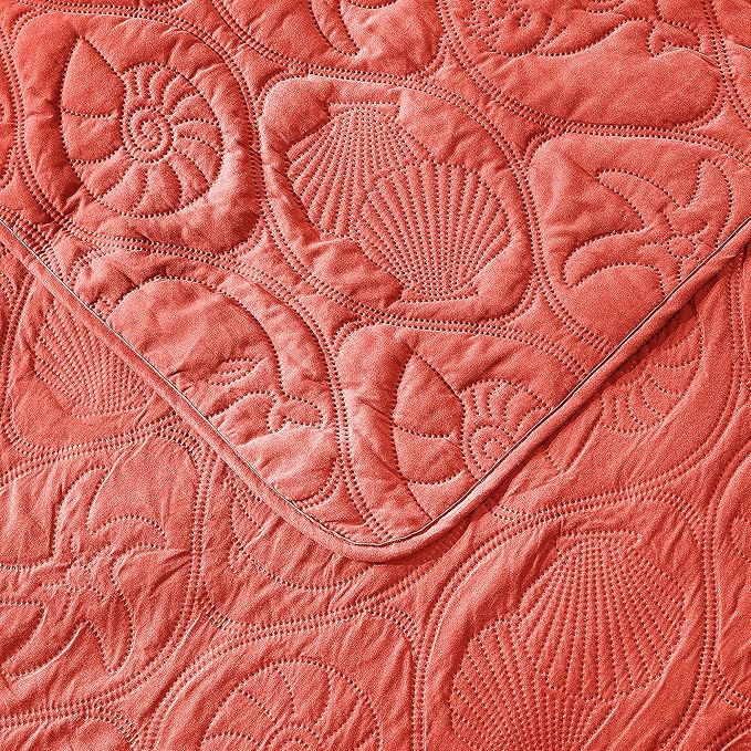 Pure Bedding Quilt Set King/Cal King/California King Size Coral - Oversized Bedspread - Microfiber Coverlet - Includes 1 Quilt and 2 Shams, Ocean Star Pattern