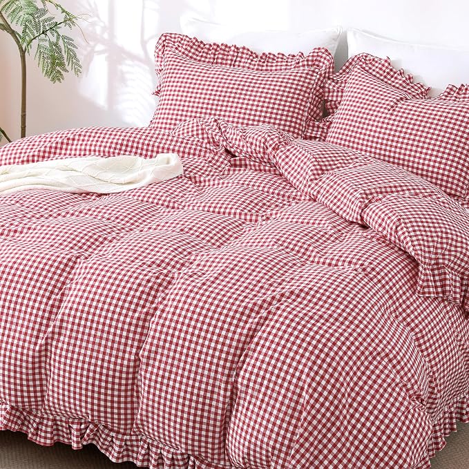ATsense Red Gingham Ruffle Duvet Cover Set Cotton Like Linen, King | 100% Washed Cotton Linen-Like Feel Soft, Breathable & Comfy. Farmhouse Bedding Set with Zipper & 8 Ties. 3 Pcs, No Insert