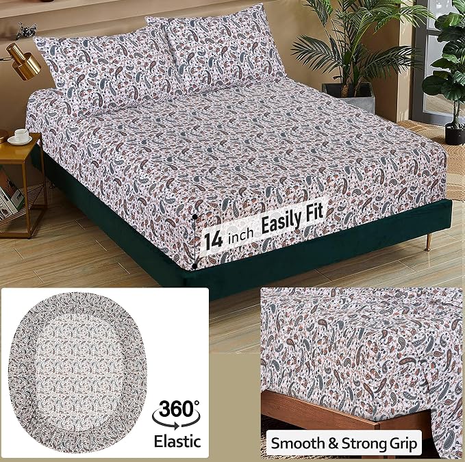 RUVANTI 100% Cotton Percale Sheets, California King, Teal Paisley | Crisp Cooling for Hot Sleepers, Deep Pocket 14", Soft Breathable & Durable, Hotel-Style 4 Piece Set
