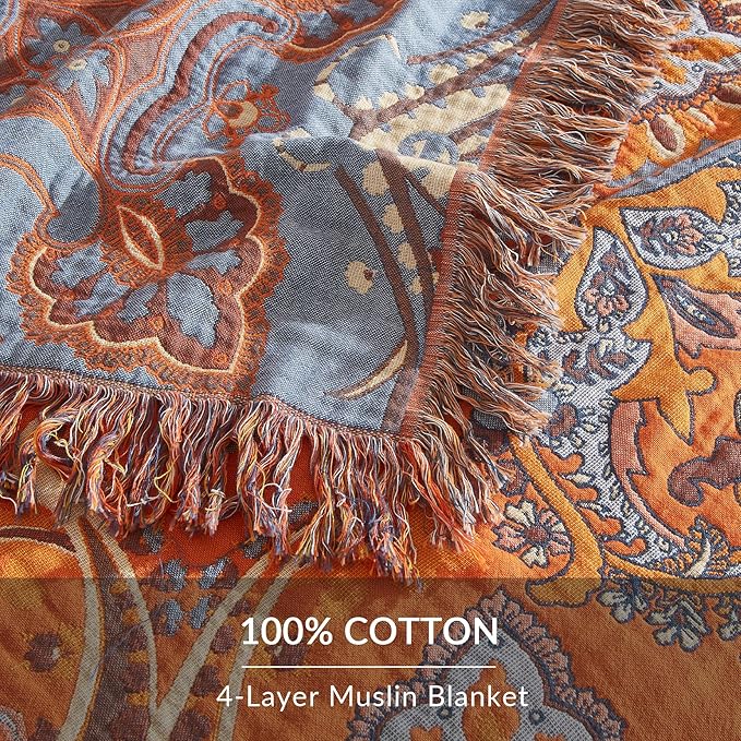Boho Throw Blanket for Couch Sofa Bed, 100% Cotton Woven Quilt with Tassel 60”x80”, Super Soft Muslin Blanket with Floral Printed, Decorative Reversible Bed Blanket/Cover for All Seasons