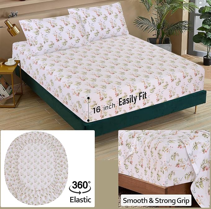 RUVANTI 100% Cotton Percale Sheets Full Size, Floral Bliss | Crisp Cooling, Deep Pocket 16", Soft Breathable & Durable, Hotel-Style, 4 Piece Set