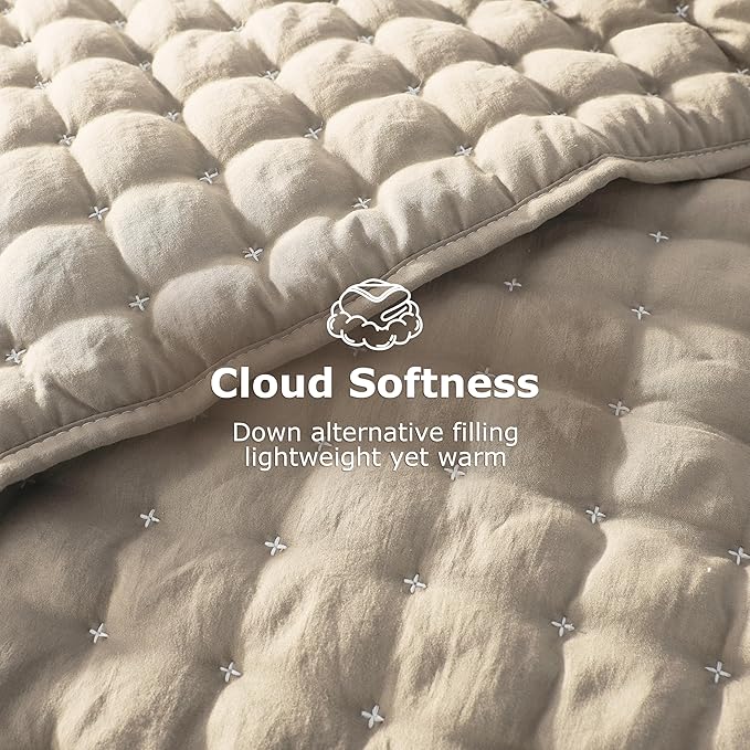 WDCOZY Beige Queen Size Quilt Bedding Sets with Pillow Shams, Cream Tan Lightweight Soft Bedspread Coverlet, Quilted Blanket Thin Comforter Bed Cover for All Season, 3 Pieces, 90x90 inches