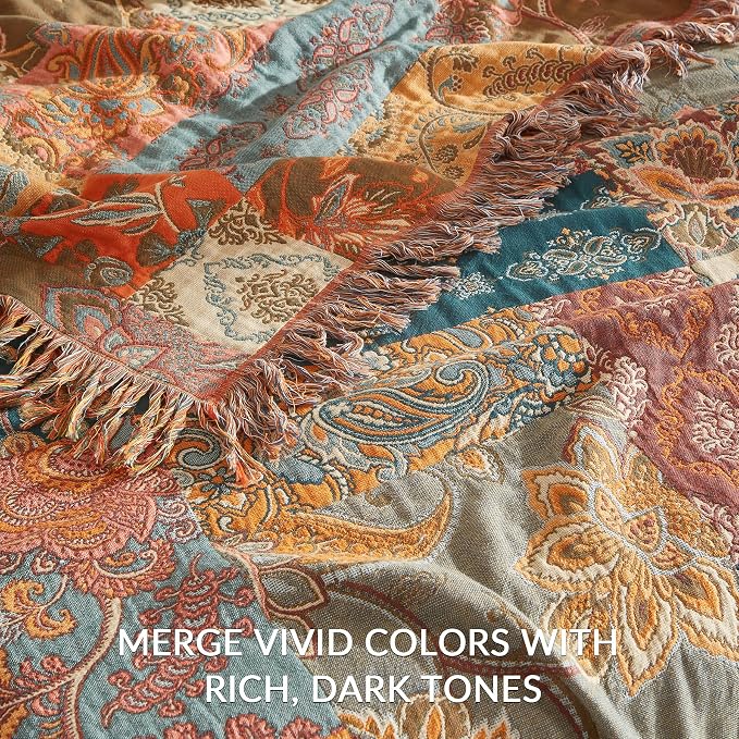 Boho Throw Blanket for Couch Sofa Bed, 100% Cotton Woven Quilt with Tassel 60”x80”, Super Soft Muslin Blanket with Floral Printed, Decorative Reversible Bed Blanket/Cover for All Seasons