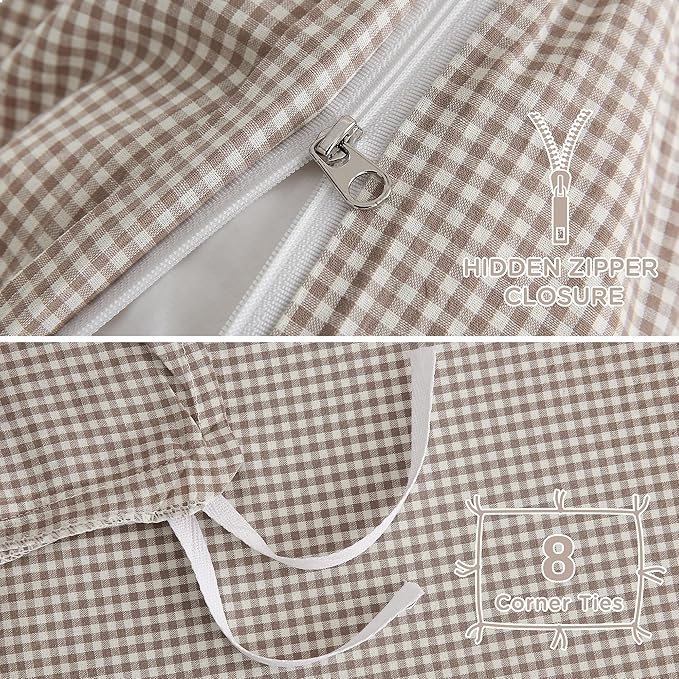 TOCOMOA Mini Gingham Tan Duvet Cover Set Washed Cotton Like Linen, Full | 100% Washed Cotton Linen-Like Feel Soft, Breathable & Comfy. Lightweight Bedding Set with Zipper & 8 Ties. 3 Pcs, No Insert