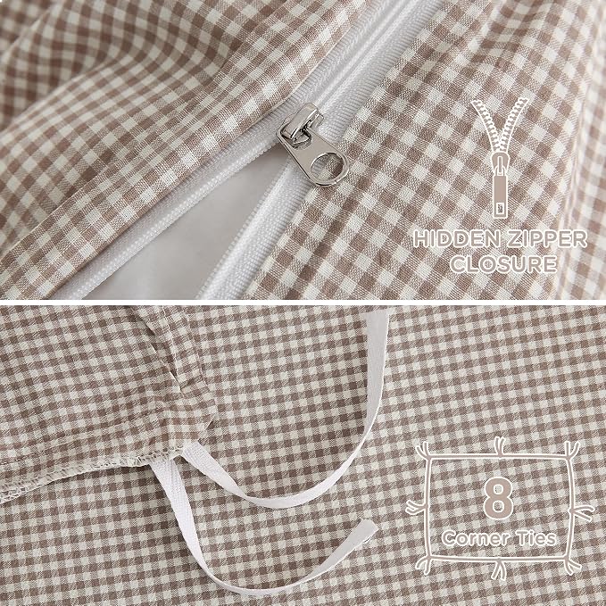 TOCOMOA Mini Gingham Tan Duvet Cover Set Washed Cotton Like Linen, King | 100% Washed Cotton Linen-Like Feel Soft, Breathable & Comfy. Lightweight Bedding Set with Zipper & 8 Ties. 3 Pcs, No Insert